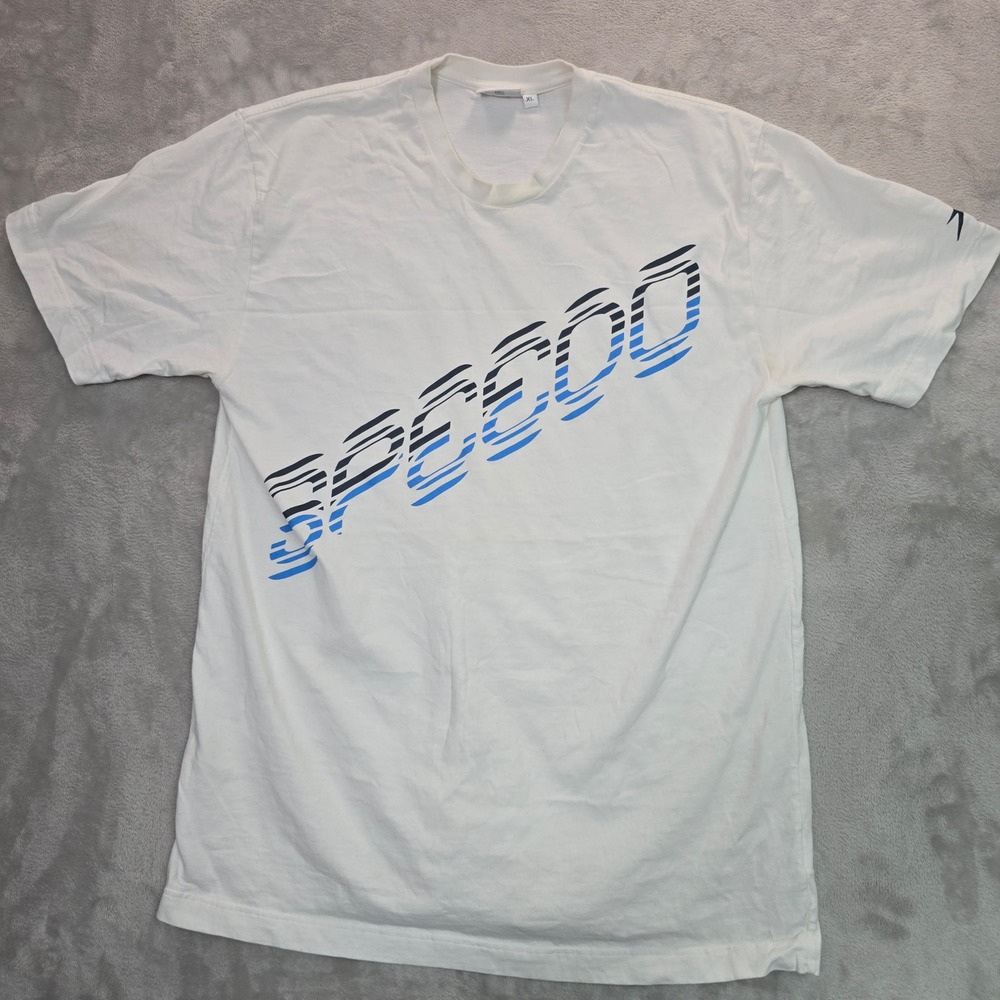 Speedo Mens Graphic T-Shirt White Blue Black Logo Cotton Short Sleeve XL